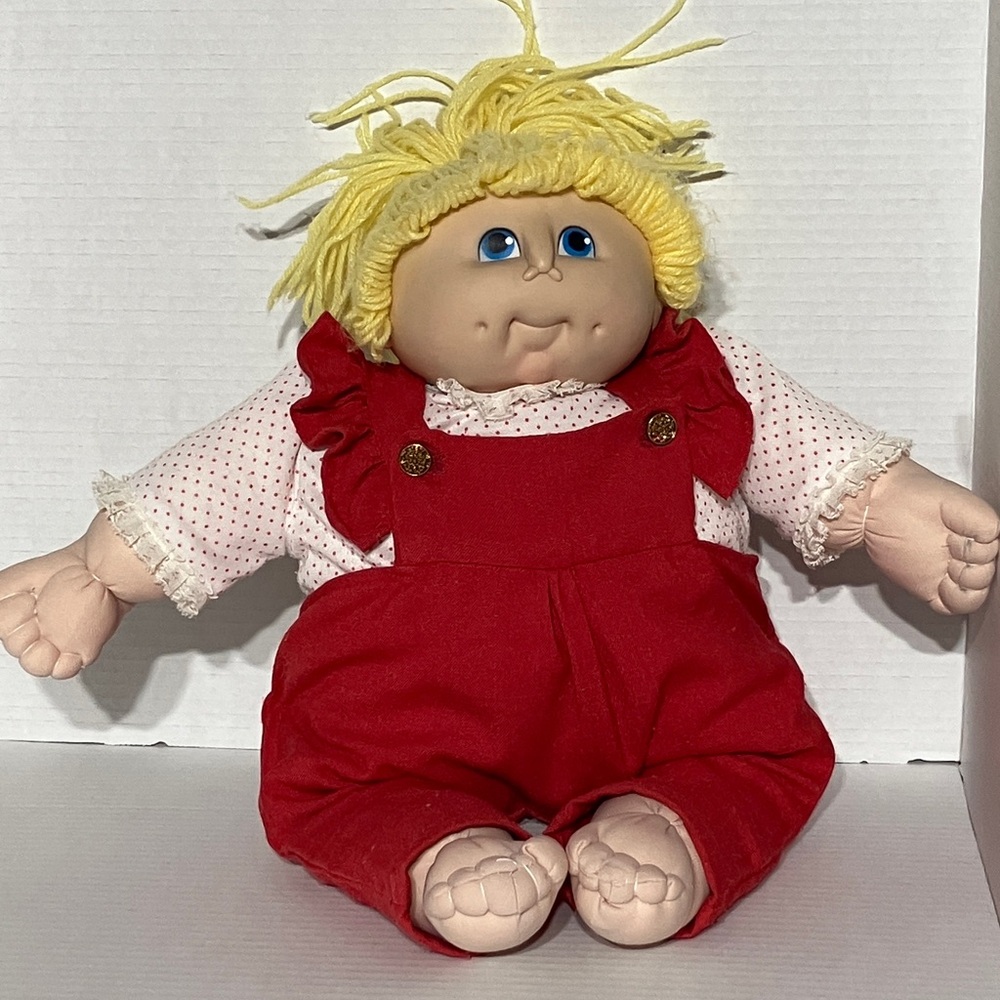 Vintage Homemade Doll‎ with Yellow Yarn Hair Red Overalls Fabric Body 19”